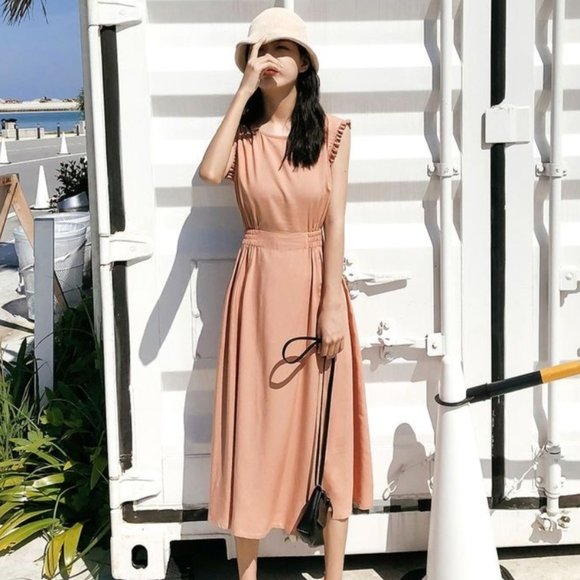 Pink Sleeveless Midi A-line Dress Button Up Cutout Back - Picture 4 of 4